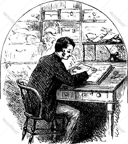 man-sitting-at-desk-writing-in-journal-or-person-vector-19001491